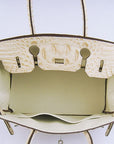 HMS Birkin 30cm Crocodile Head Vein Handbags Beige Silver