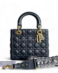 *Calfskin, Flap, With Strap* D1OR Lady Medium - Calfskin Cannage Calfskin Dark Blue Golden Hardware