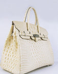 HMS Birkin 35cm Crocodile Head Veins Handbags Beige Silver