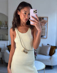 *RARE* CH 21S Champagne Gold Bag Charm Necklace with White Pearls & Black Leather Chain Detail