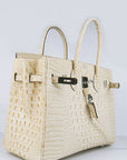 HMS Birkin 35cm Crocodile Head Veins Handbags Beige Silver