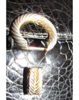 Giorgio GCCI, Bamboo 1947 style, dark navy crocodile leather, top handle purse with sterling hardware, a boxy, structured shape, & an envelope style top