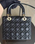 *No Strap* D1OR Lady Flap Medium - Grained Calfskin Cannage Flap Open Black Gold Hardware