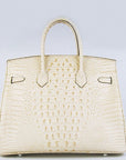 HMS Birkin 35cm Crocodile Head Veins Handbags Beige Silver