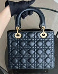*Calfskin, Flap, With Strap* D1OR Lady Medium - Calfskin Cannage Calfskin Dark Blue Golden Hardware