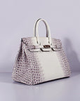 HMS Birkin 35cm Crocodile Leather Handbag Grey White Gold