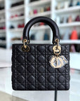 *No Strap* D1OR Lady Flap Medium - Grained Calfskin Cannage Flap Open Black Gold Hardware