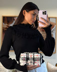 *HOT* CH White Tweed Mini Rectangular Single Flap Bag with Black & White Details and Silver Hardware