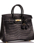 HMS Birkin 25 Black Matte Niloticus Crocodile Gold Hardware