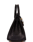 HMS Birkin 25 Black Matte Niloticus Crocodile Gold Hardware