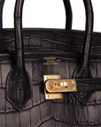 HMS Birkin 25 Black Matte Niloticus Crocodile Gold Hardware
