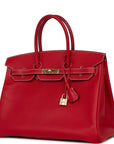 Top Quality HMS Birkin 35 Rouge Casaque Candy Epsom Permabrass Hardware