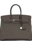 HMS Birkin 35 Gris Meyer Togo Palladium Hardware