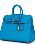 HMS Birkin Sellier 25 Bleu Frida Epsom Gold Hardware
