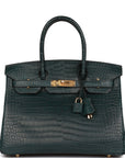 HMS Birkin 30 Vert Fonce Matte Porosus Crocodile Gold Hardware