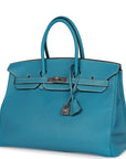 Top Quality HMS Birkin 35 Bleu Jean Togo Palladium Hardware