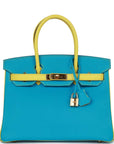 Top Quality HMS Special Order (HSS) Birkin 30 Bleu Turquoise and Lime Chevre Gold Hardware