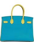 Top Quality HMS Special Order (HSS) Birkin 30 Bleu Turquoise and Lime Chevre Gold Hardware