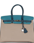 HMS Special Order (HSS) Birkin 35 Tricolor Gris Tourterelle, Bleu Jean, and Bleu de Malte Clemence Palladium Hardware