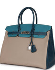 HMS Special Order (HSS) Birkin 35 Tricolor Gris Tourterelle, Bleu Jean, and Bleu de Malte Clemence Palladium Hardware