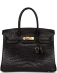 HMS Birkin 30 Black Matte Alligator Gold Hardware