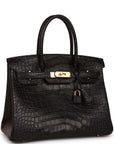 HMS Birkin 30 Black Matte Alligator Gold Hardware