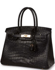 HMS Birkin 30 Black Matte Alligator Gold Hardware