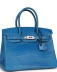 Top Quality HMS Birkin 30 Bleu Mykonos Matte Alligator Palladium Hardware