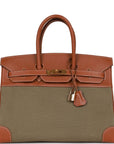Vintage HMS Birkin 35 Gold Courchevel and Olive Toile H Gold Hardware