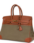 Vintage HMS Birkin 35 Gold Courchevel and Olive Toile H Gold Hardware
