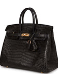 HMS Birkin 25 Black Matte Porosus Crocodile Gold Hardware