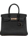 HMS Birkin 30 Black Ostrich Rose Gold Hardware
