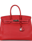 Top Quality HMS Birkin 35 Rouge Casaque Clemence Palladium Hardware