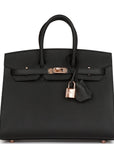 HMS Birkin Sellier 25 Black Epsom Rose Gold Hardware