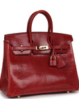 Top Quality HMS Birkin 25 Rouge Moyen Salvator Lizard Gold Hardware