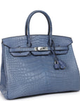 Top Quality HMS Birkin 35 Bleu Brighton Matte Alligator Palladium Hardware