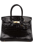 HMS Birkin 30 Black Shiny Crocodile Porosus Gold Hardware