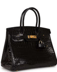 HMS Birkin 30 Black Shiny Crocodile Porosus Gold Hardware