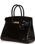 HMS Birkin 30 Black Shiny Crocodile Porosus Gold Hardware