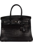 HMS Birkin 30cm Black Matte Niloticus Crocodile Palladium Hardware