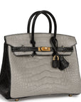 HMS Special Order (HSS) Birkin 25 Gris Perle and Black Matte Alligator Brushed Gold Hardware