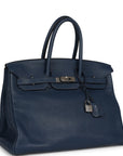 Top Quality HMS Birkin 35 Bleu De Prusse Clemence Palladium Hardware