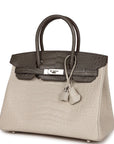 HMS Bi-color Birkin 30 Beton and Etain Matte Alligator Palladium Hardware