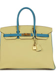 HMS Special Order (HSS) Birkin 35 Jaune Poussin and Bleu Paradise Togo Brushed Gold Hardware