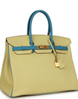 HMS Special Order (HSS) Birkin 35 Jaune Poussin and Bleu Paradise Togo Brushed Gold Hardware