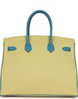 HMS Special Order (HSS) Birkin 35 Jaune Poussin and Bleu Paradise Togo Brushed Gold Hardware