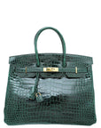 HMS Vert Emerald Shiny Crocodile Porosus Birkin 35 Bag