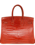 HMS Lisse Rouge H Shiny Crocodile Porosus Birkin 35 Bag