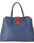 PRD BLUE-RED SAFFIANO LEATHER DOUBLE HANDLE TOTE (BN2755) GOLD HARDWARE WITH STRAP, CARD AND DUST COVER