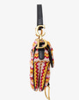 Christian D1OR 2018 Multicolour Embroidered Fringe Beaded Mini Saddle Bag With Canvas Strap